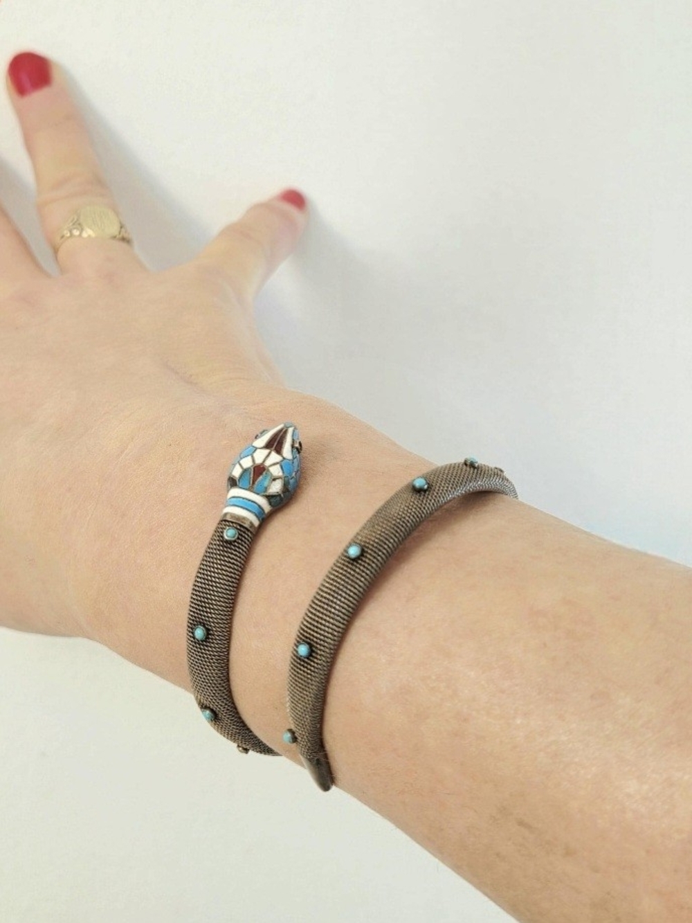 Antique Art Deco Sterling Silver, Enamel, And Turquoise Snake Bracelet